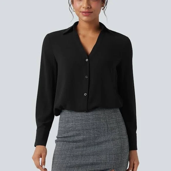 Halara Wrinkle-Resistant V-Neck Long Sleeve Chiffon Shirt