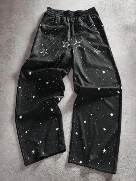 PAVTROS Manfinity Streetrush Casual Loose Starry Print Streetwear Style Pants, Fashionable Gift For Boyfriend/Husband, Suitable For Daily Wear Glitter Pants Star Pants Rhinestone Pants Star Print Pants Sparkly Pants