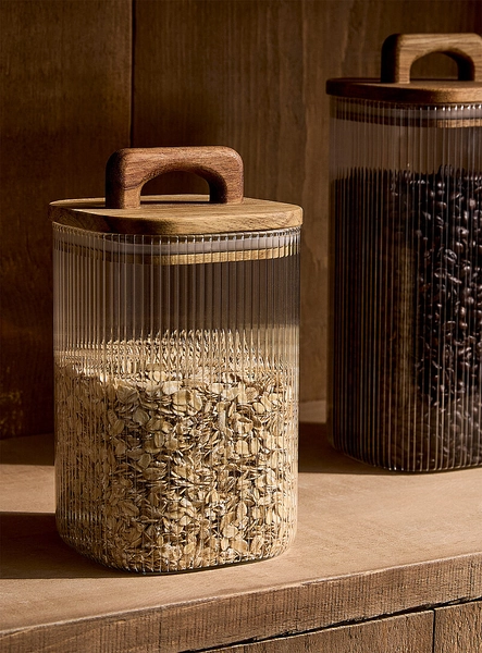 Grooved glass and wood storage jar