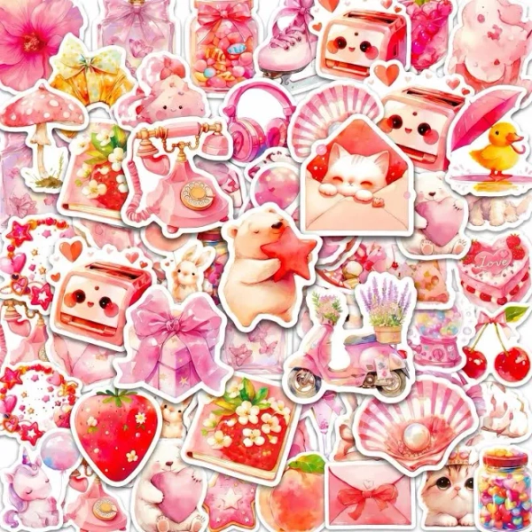 Kawaii50PCS Girl's Pink Aesthetic Stickers, Cute Pink Stickers for Children, Vinyl Waterproof Stickers, Water Bottle Laptop, Water Bottle Skateboard