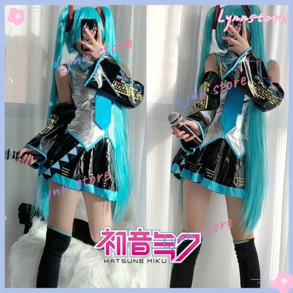 MIKU Cosplay HATSUNE Vestido De Couro Patenteado + Wig Set Roupas De Festa De Carnaval | Shopee Brasil