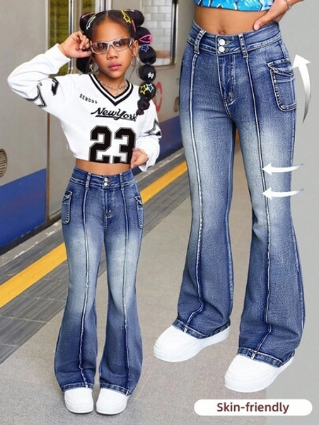 SHEIN Tween Girls Y2k Vintage Fashion Urban Street Cool Style Blue Denim High Waist Cargo Packet High Elasticity Skinny Cargo Flared Jeans,For Girls Fall/Winter Dailywear Costume,Girls Streetwear Outfits And Back To School Clothes,Girls Halloween Costume And Christmas Costume,Tween Girls  Flared Jeans, Tween Girls Jeans, Flare Jeans ,Girls Flare Jeans, Wide Leg Jeans, Girls Wide Leg Jeans