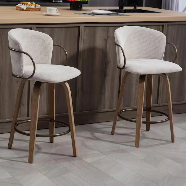 Glamour Home Bette Beige Washed Woven Fabric Swivel Counter Stool with Wood Legs and Copper Iron Arms (Set of 2) GHSTL-1897