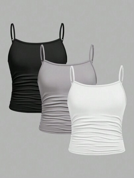 SHEIN Girlism 3pcs/Set Tween Girls' Fitted Casual Sports Camisole Basic Set, School, Campus, College