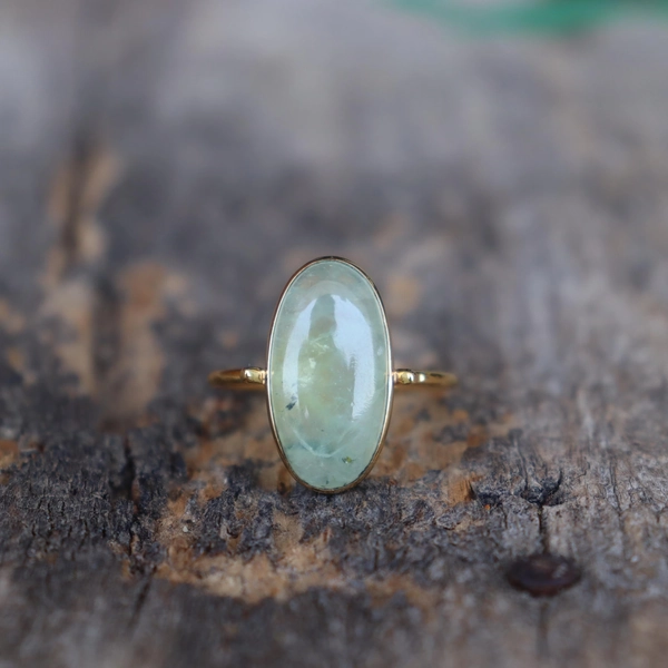 Long Gold Prehnite Ring 14k Gold Plated Rings, Aqua Green prehnite Gold Ring, 925 Sterling Silver Ring Gemstone 10*20MM Long Stone Ring