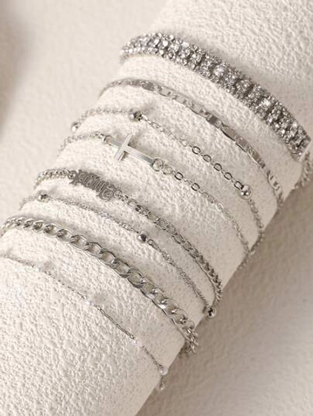 8pcs Fashionable Punk Style Silver Bracelet Set, Suitable For Women's Everyday Wear And Gift Giving