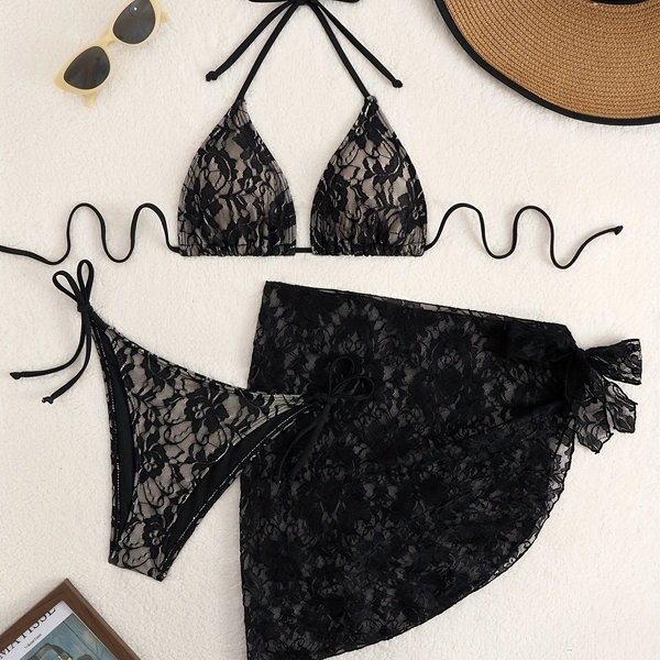 Lace Strap Triangle Bag Tulle Skirt Three-Piece Bikini Set