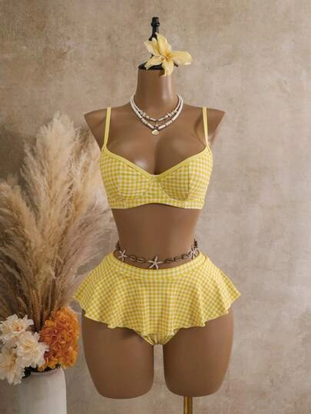 Bellisia Summer Women's 2 Pieces Plaid Print Tankini Swimwear With Underwire, Beige - Size XS