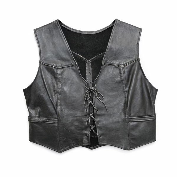 Vintage 1970s Black Lace Up Leather Biker Vest