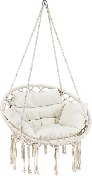 KROFEM Macrame Hammock Hanging Swinging Chair with Medium Cushion - Beige