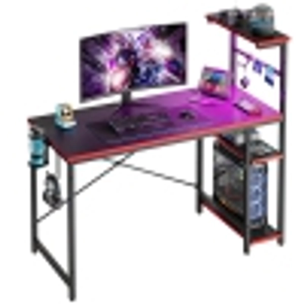 Bestier 44.3" Gaming Desk with RGB LED Light, Computer Desk with 4 Tier Reversible Storage Shelves, Hooks and Magnet