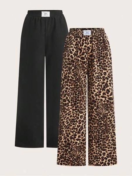 SHEIN EZwear 2pcs Women Black & Leopard Print Wide Leg Long Pants