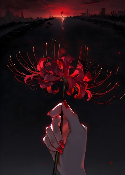 'Red Spider Lily in Hand, Dark Landscape' Poster, picture, metal print, paint by pulu pulu | Displate