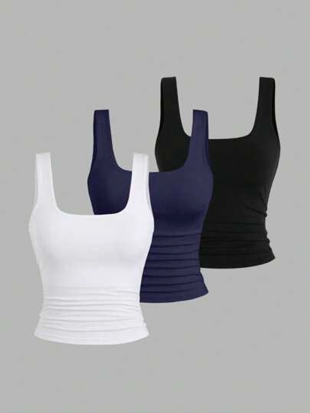 Sweetra Women's Solid Color Pleated Square Neck Casual Tank Top, Summer