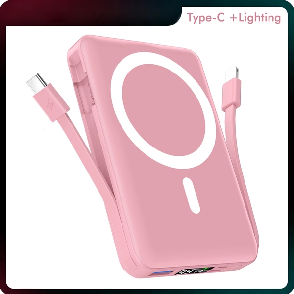 Podoru 10000mAh Compact Magnetic Fast Charge 3-in-1 Power Bank Charger - Digital Silicone Wireless Charger with LED Display, Dual USB-C & Lightning Cables, USB Output, Travel-Ready Backup Power for iPhone 12-17Series Back-to-School Essentials, Fathersdayg