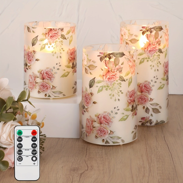 3pcs Pink Flameless Candle Lights With Remote Control And Timer, Rose Flower Flickering Plastic Candle Lights, Love Theme Decorative Battery LED Pillar Candles, Valentine'S Day Home Decor Candle Lights, Fall Candles