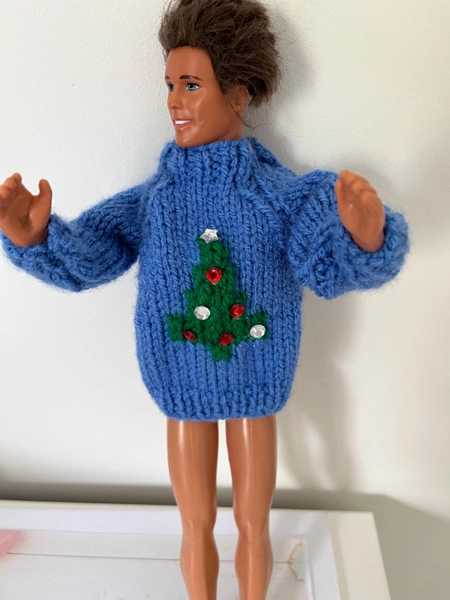 Hand Knit Ken Doll Sweater: Blue Christmas Jumper