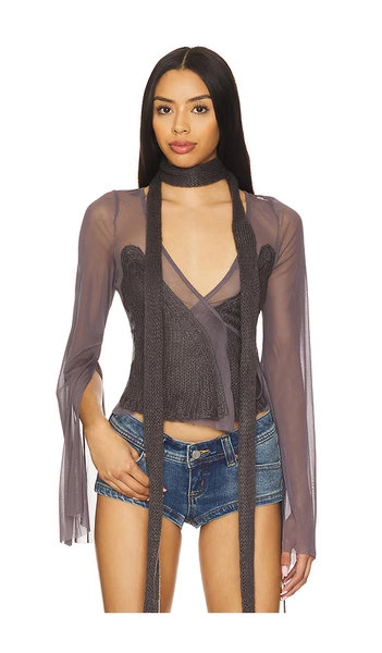 Mesh &amp; Knit Wrap Top in Black