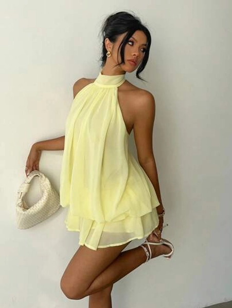 Aloruh Women's Chiffon Elegant Butter Yellow Halter Tie Mini Dress,Women Dating Dress,Women Night Out Dress,Summer Dresses For Women, Honeymoon Outfits Woman .Women Wedding Guest Dress. Island Vacation Outfits,Wedding Guest Dress Women ,Sun Dresses For Women ,Elegant Dresses For Party Birthday Dresses For Women