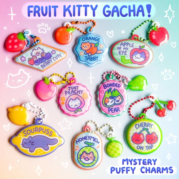 Fruit Kitty Puffy Squishy Mystery Charm Blind Bag Fruit Sticker Produce Cat Pet Picnic Pun Retro PVC Charm