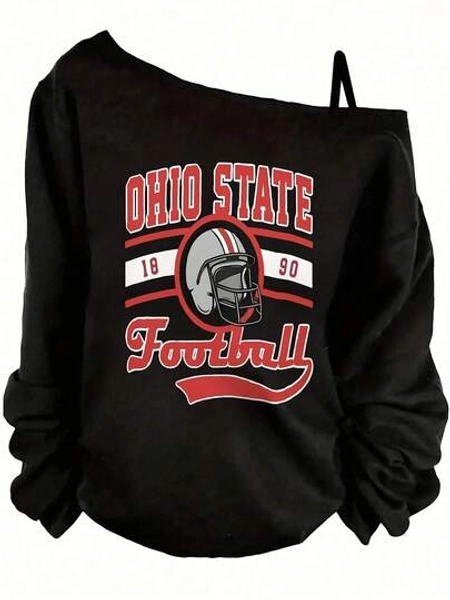 Ohio State Football Off-The-Shoulder Sweatshirt - Long Sleeve Casual Sporty Top With Bold Red & White Graphic Design, Perfect For Fans Of Ohio State University's Football Team- Plus Size Asymmetric Neck Long Sleeve Sweatshirt - Women's Fall Top - Women's Winter Outfits: Elegant Conjunto De Mujeres + Flowy Top, Blusas & Top