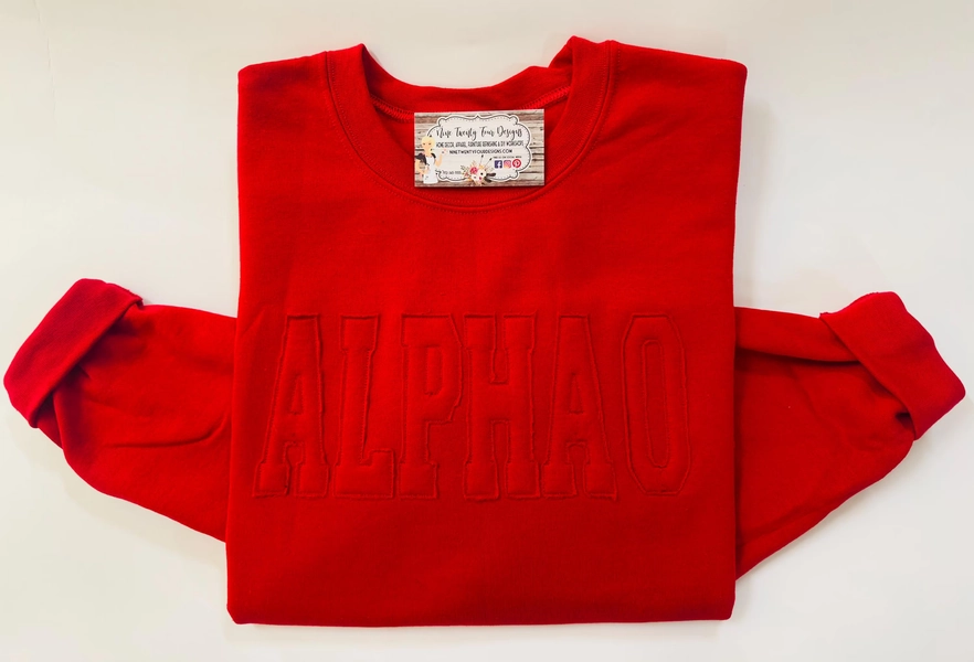 AOII monochromatic red embroidered sweatshirt, alpha omicron pi, AOII apparel, Alpha O