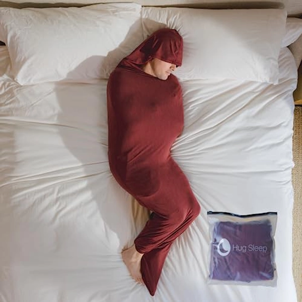 Hug Sleep - Hooded Sleep Pod Move - Wearable Cooling Sensory Compression Blanket - Shark Tank - Machine Washable - Weighted Blanket Alternative - Sleep Sack for Adults, Kids & Teens - Ruby - 
