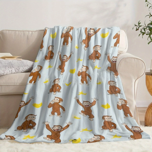 1pc Soft Flannel Throw Blanket with Curious George Monkey & Banana Pattern - Cozy, Warm Light Blue Cartoon Design for Sofa, Bed, or Office - Perfect Gift for Friends & Family, Cute Throw Blanket
