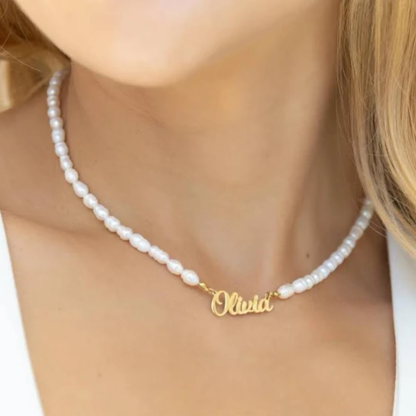 14K Gold Plated Freshwater Pearl Name Necklace