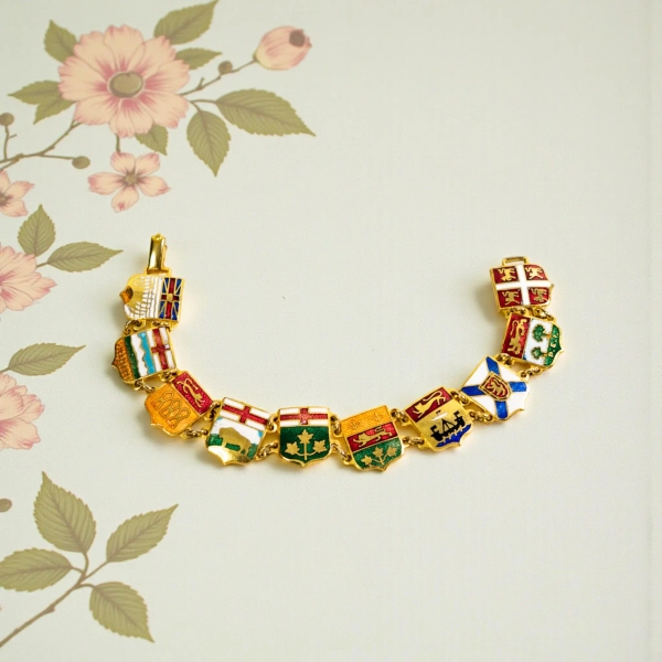 ⭐️FAVORITE⭐️Canadian Provinces Enamel Bracelet – Vintage Gold Tone Shield Design