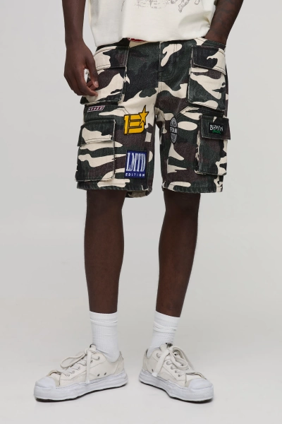 Camo Multi Badge Cargo Denim Shorts