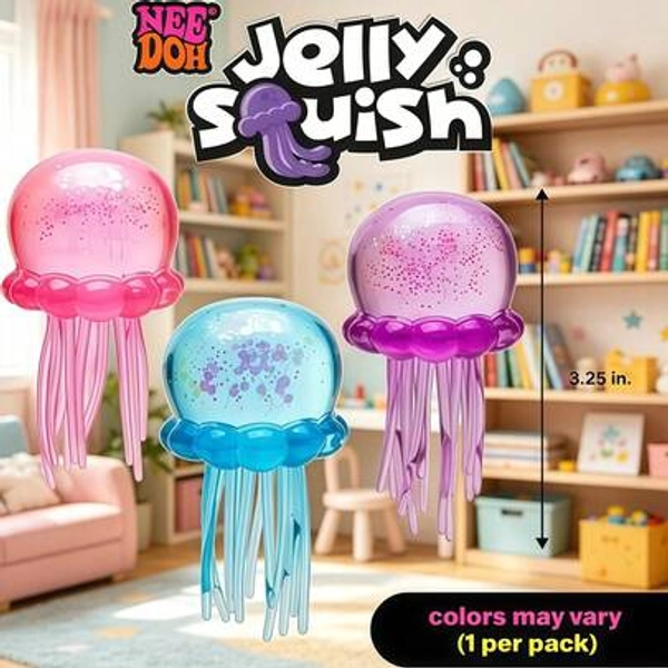 NeeDoh 1 Pack Slow Rising Jellyfish Squeeze Toy, Filled With Glitter Beads, For Anxiety Relief, Sensory Play, ADHD, Cute Soft Squishy Squeeze Ball, Suitable For Classroom Rewards And Gifts, Soft Aesthetic Squeezing Ball For Room Decor, Slime Decoration And Ocean Party Supplies - Size Type a