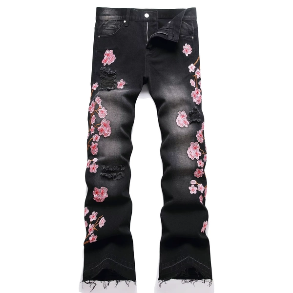 Men's high-street ripped jeans with floral embroidery patchwork, trendy street-style distressed flared jeans - AliExpress 200000343