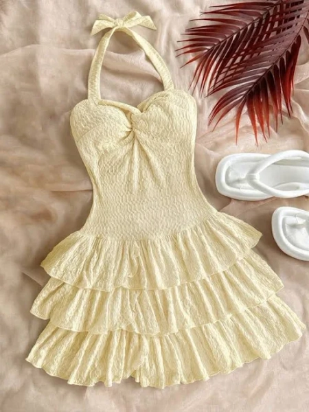 SHEIN Halter Mini Dress with Bowknot and Ruffle