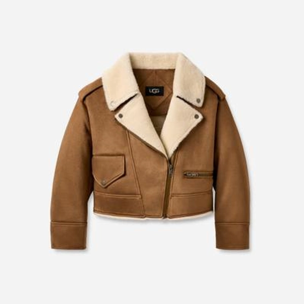 UGG® Women's Finnian LuxeFluff Moto Jacket Polyester in Chestnut, Size M