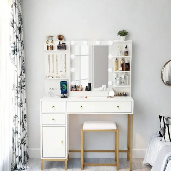 Vanity Desk with Power Outlet, Makeup Vanity, and Chair