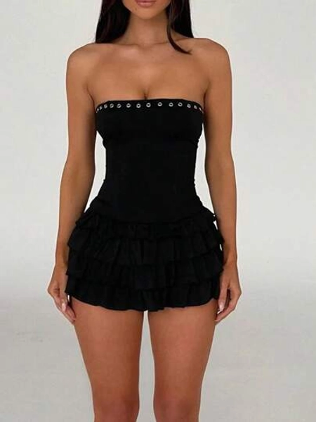 Women Y2K Strapless Short Dress Backless Tube Ruched Ruffle Mini Dress Sleeveless Bodycon Sundress