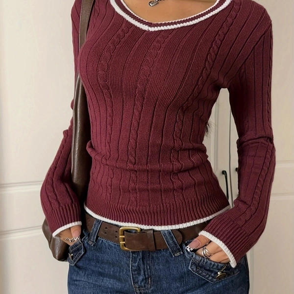 Women's Casual V-Neck Long Sleeve Sweater, Soft Stretchy Fabric, Machine Washable, All-Season Layering Essential for Casual Attire, Brown & Contrast Color Block Design