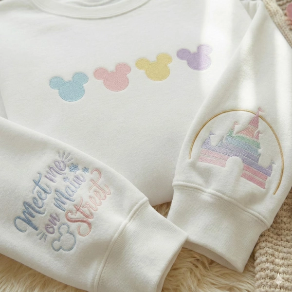 Meet Me on Mainstreet Sweatshirt, Mouse Cartoon Pastel Embroidery Sweater, Magic Kingdom Family Trip, Custom New Year Trip Shirt - Etsy