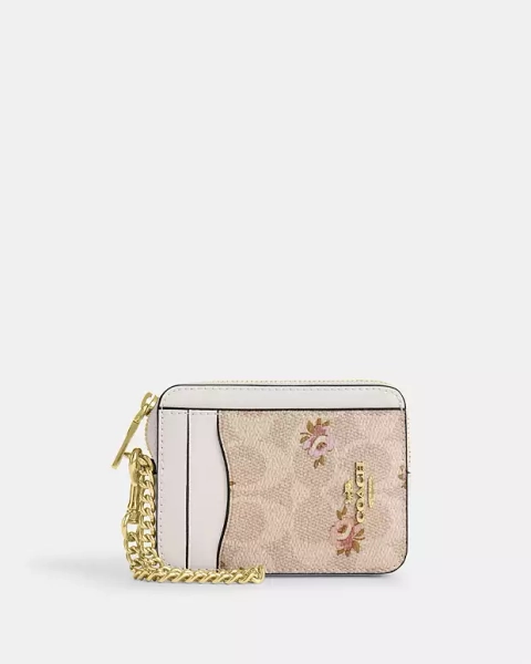 Gold/Sand Multi Zip Card Case In Signature Canvas With Floral Print