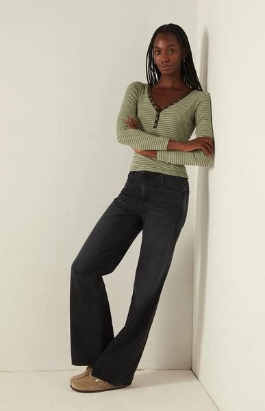 Poppy Striped V-Neck Button Up Long Sleeve Top