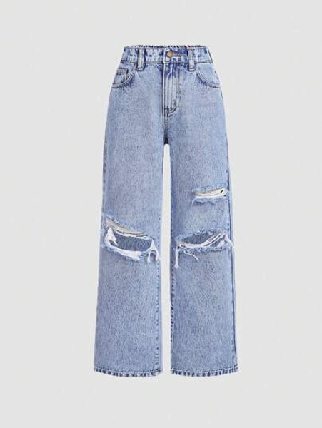 SHEIN Girlism Tween Girl Y2K Spring Summer Beach Washed Ripped Wide Leg Jeans,Girls Summer Clothes Concert Outfits