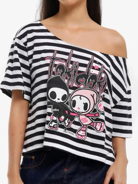 Tokidoki Adios & Ciao Girls Off-Shoulder Stripe T-Shirt