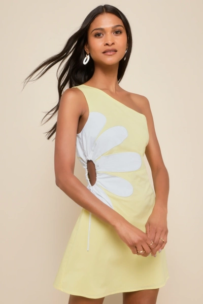 Sunny Design Yellow Cutout Flower One-Shoulder Mini Dress