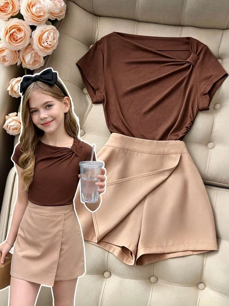 SHEIN Tween Girls 2pcs/Set Children's Korean Version Open Shoulder Short Sleeved Top With Front Slit High Back To School, Summer, Casual