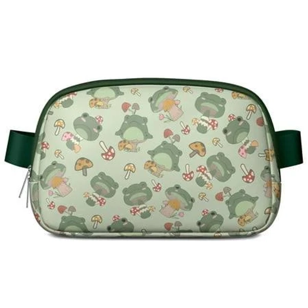 CDEYFwr Green Frog Fanny Pack for Women Cute Cartoon Forest Waist Bag with Mushroom & Nature Print, Artistic Crossbody Sling Bag with Green Plant