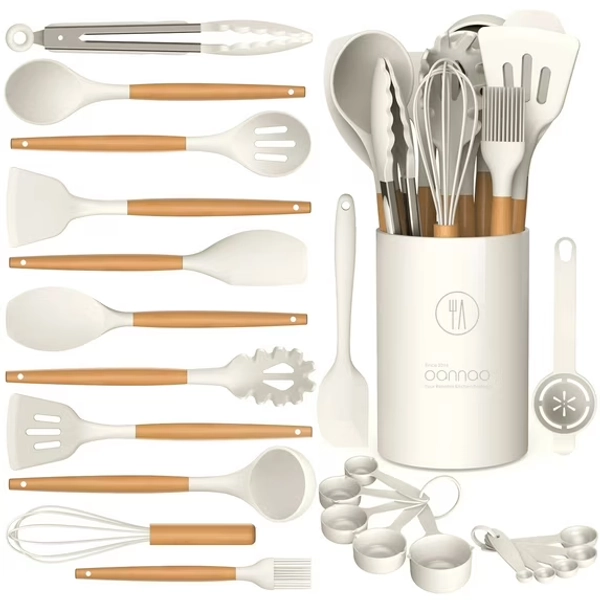 Silicone Cooking Utensils Set - Silicone Kitchen Utensils for Cooking Wooden Handles, 446°F Heat Resistant Kitchen Utensil Spatula Sets w Holder, Gadgets for Non-Stick Cookware BPA FREE (Cream White)