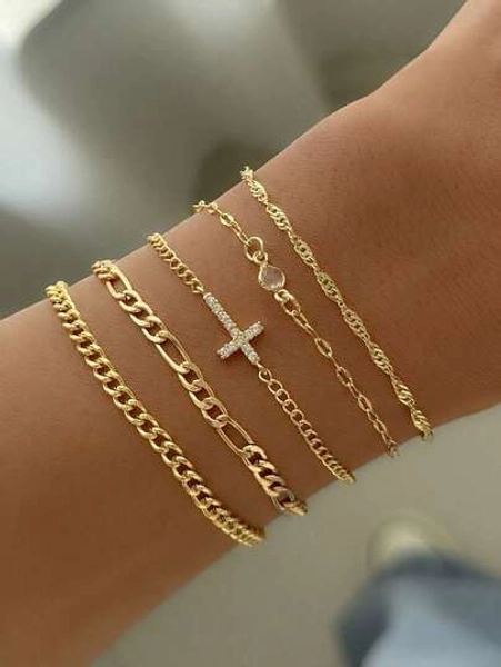 5pcs High-Quality Cubic Zirconia Cross Decorated Multilayer Bracelet, Fashionable, Suitable For Women's Parties, Gatherings, Daily Wear, Music Festival, And Gifts