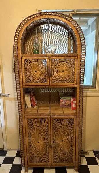 Vintage Mid Century Bohemian Wicker Rattan Sunburst 4 Door Etagere Wall Unit