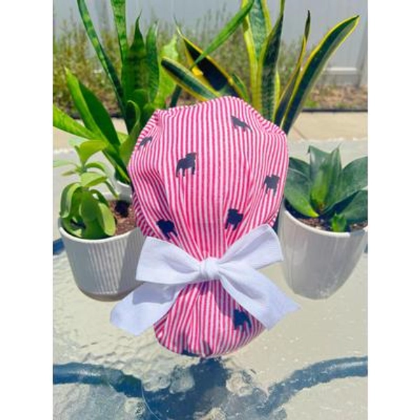 Preppy Red and Black Bulldogs Scrub Cap with White Tie Back, Stylish Ponytail Scrub Hat for Nurses and Doctors, Football Season Scrub Cap